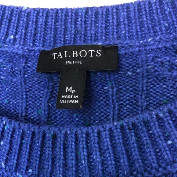 TALBOTS Women's Petite Blue Confetti-Flecked Cable Knit Crewneck Sweater MP - Picture 2 of 8